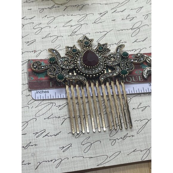 Vintage Style Victorian Ruby Emerald Rhinestone Hair Comb Gold Medieval 3 inch l - Picture 2 of 8